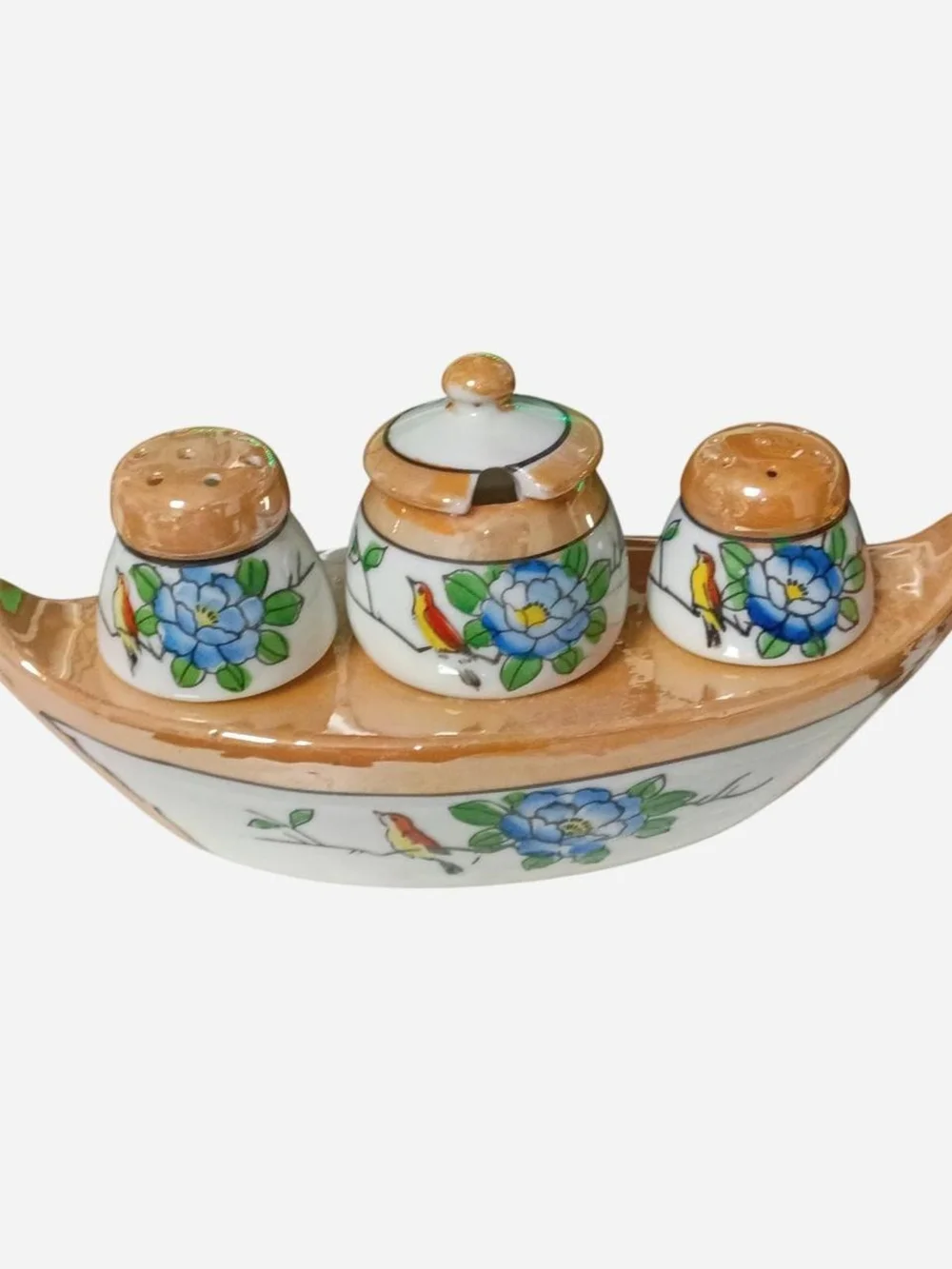 Hand-Painted Porcelain Condiment Set with Floral & Bird Motif
